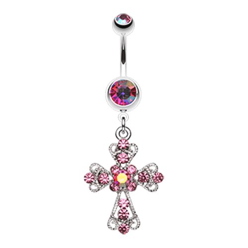 Shimmering Cross Patonce Belly Button Ring Navel Ring Impulse Piercings Pink/Aurora Borealis