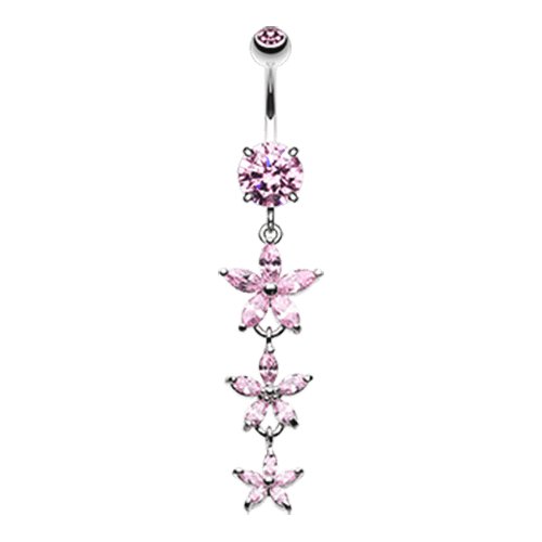 Shimmering Flower Cascade Cubic Zirconia Belly Button Ring Navel Ring Impulse Piercings Pink