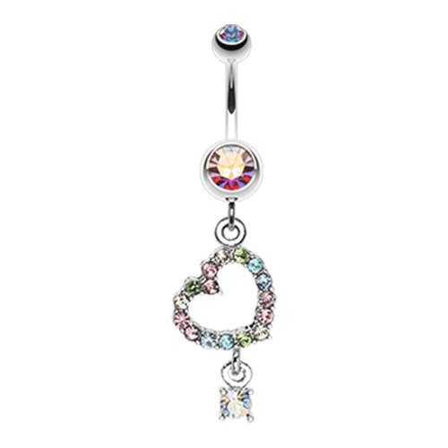 Shimmering Heart Gem Dangle Belly Button Ring Navel Ring Impulse Piercings Aurora Borealis/Rainbow