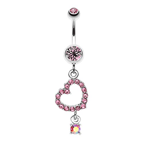 Shimmering Heart Gem Dangle Belly Button Ring Navel Ring Impulse Piercings Light Pink