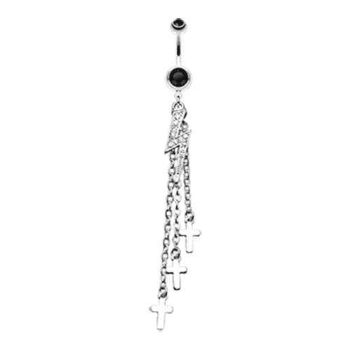 Shimmering Lightning Bolt Chain Cross Belly Button Ring Navel Ring Impulse Piercings Black