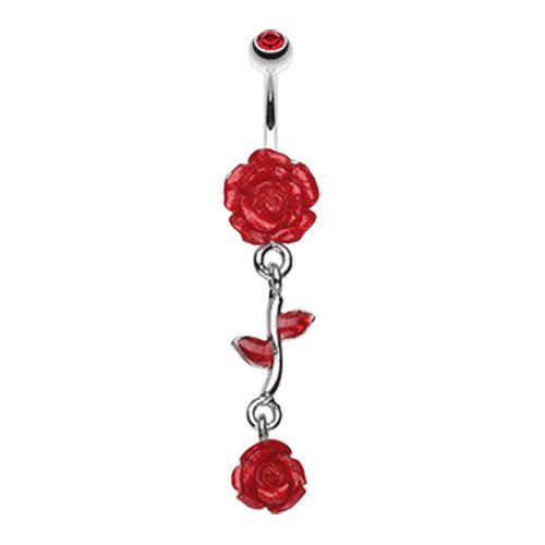 Shimmering Rose Vine Belly Button Ring Navel Ring Impulse Piercings Red