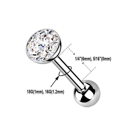 Implant Grade Titanium Threadless Push In Cartilage Barbell With CZ Bezel Set Ball Top Cartilage Impulse Piercings