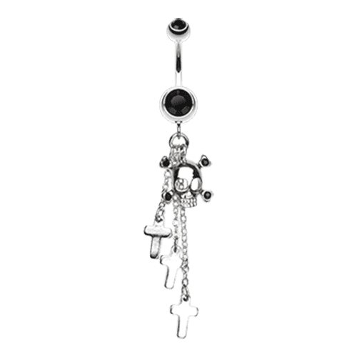 Skull Crossbones and Cross Dangle Belly Button Ring Navel Ring Impulse Piercings Black