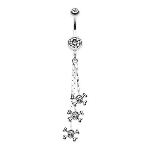 Skull & Crossbones Dangle Belly Button Ring Navel Ring Impulse Piercings Clear