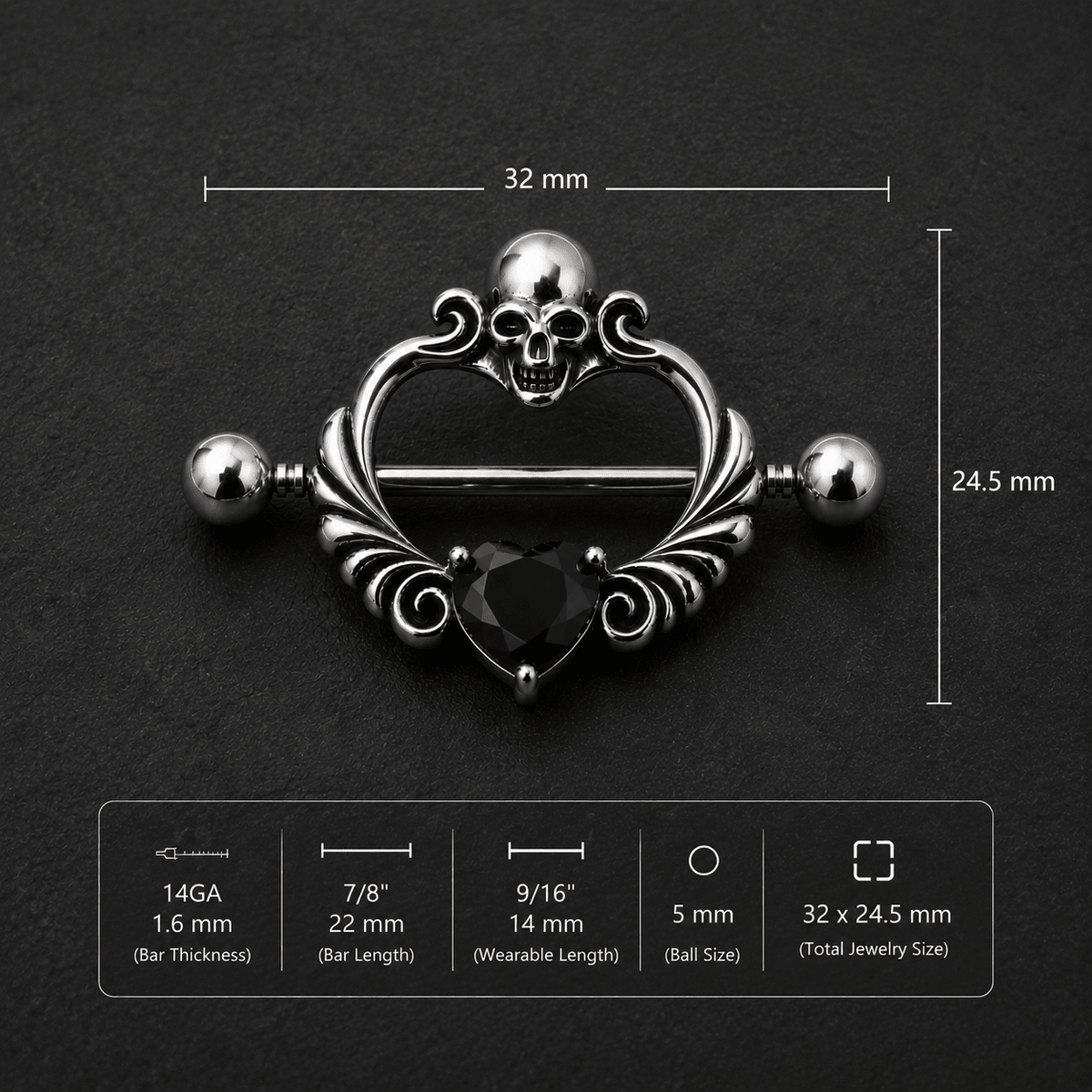 Skull heart nipple shield size chart, 14GA 1.6mm thickness 22mm bar 14mm wearable 32x24.5mm