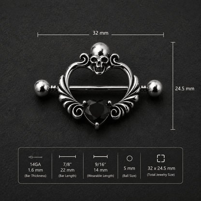 Skull heart nipple shield size chart, 14GA 1.6mm thickness 22mm bar 14mm wearable 32x24.5mm