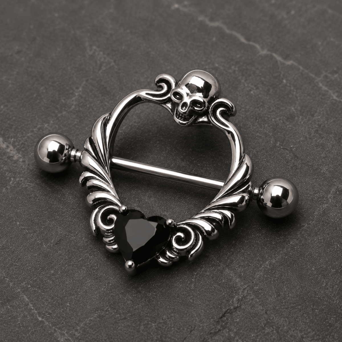 Skull heart nipple shield 14G pair, black CZ heart 316L stainless steel gothic body jewelry
