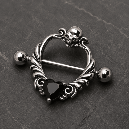 Skull heart nipple shield 14G pair, black CZ heart 316L stainless steel gothic body jewelry
