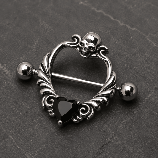 Skull heart nipple shield 14G pair, black CZ heart 316L stainless steel gothic body jewelry