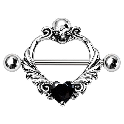 Skull Heart Nipple Shield 14G Black CZ Pair - Skin Metals