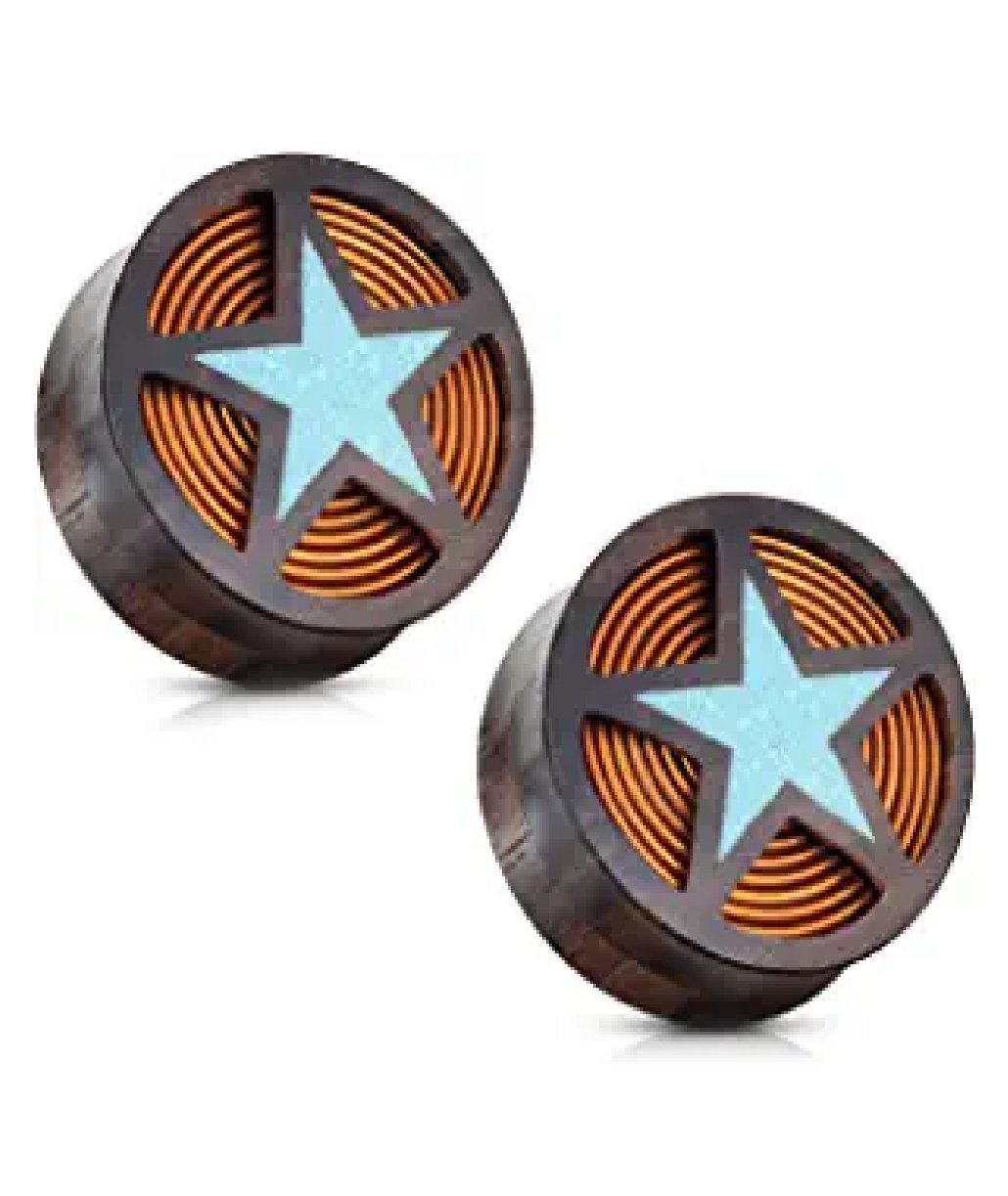 Sono Wood Crushed Turquoise Filled Cut Out Star with Coil Inside of Organic Double Flared Saddle Plugs Plugs Impulse Piercings 00GA (10mm)