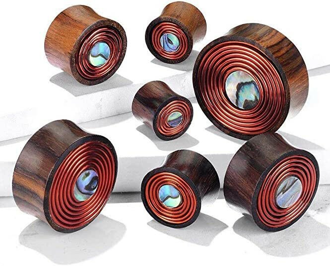 Sono Wood Mother of Pearl Center Inlay with Copper Wire Coil Organic Double Flared Saddle Plugs Plugs Impulse Piercings