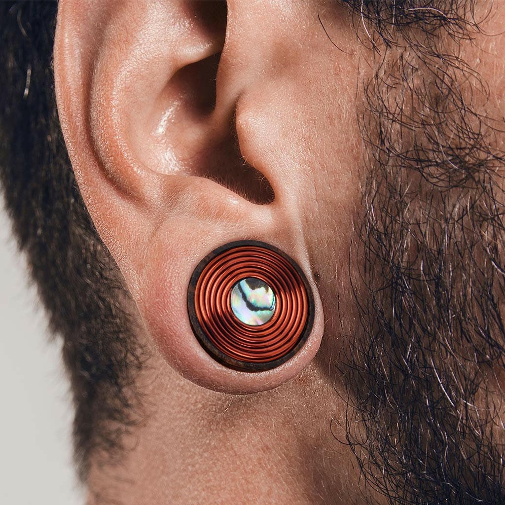 Sono Wood Mother of Pearl Center Inlay with Copper Wire Coil Organic Double Flared Saddle Plugs Plugs Impulse Piercings