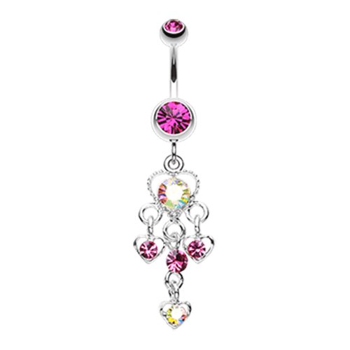 Sparkle Multi Heart Belly Button Ring Navel Ring Impulse Piercings Fuchsia/Aurora Borealis