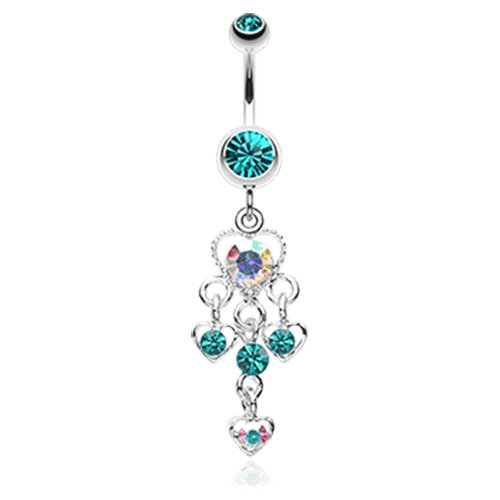 Sparkle Multi Heart Belly Button Ring Navel Ring Impulse Piercings Teal/Aurora Borealis