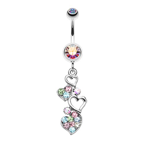 Sparkling Heart Cluster Belly Button Ring Navel Ring Impulse Piercings Aurora Borealis/Rainbow