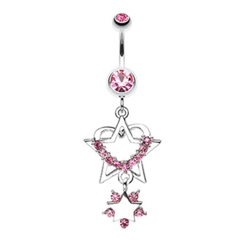 Sparkling Heart Star Dangle Belly Button Ring Navel Ring Impulse Piercings Light Pink