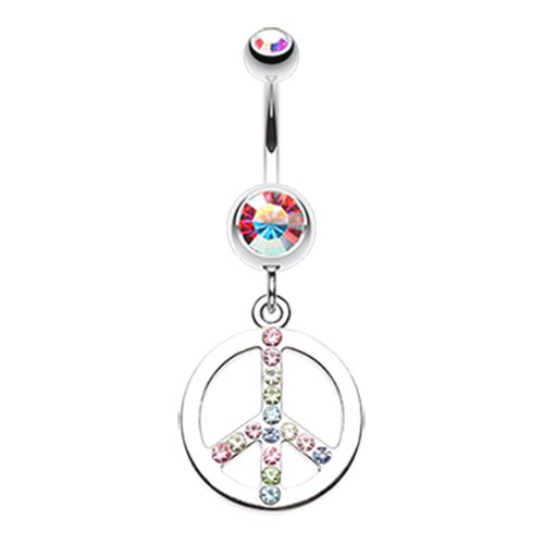 Sparkling Peace Charm Belly Button Ring Navel Ring Impulse Piercings Aurora Borealis/Rainbow