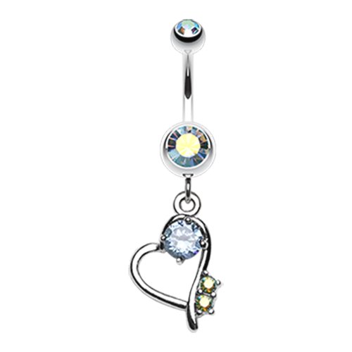 Sparkling Stone in Heart Dangle Belly Button Ring Navel Ring Impulse Piercings Aqua/Aurora Borealis