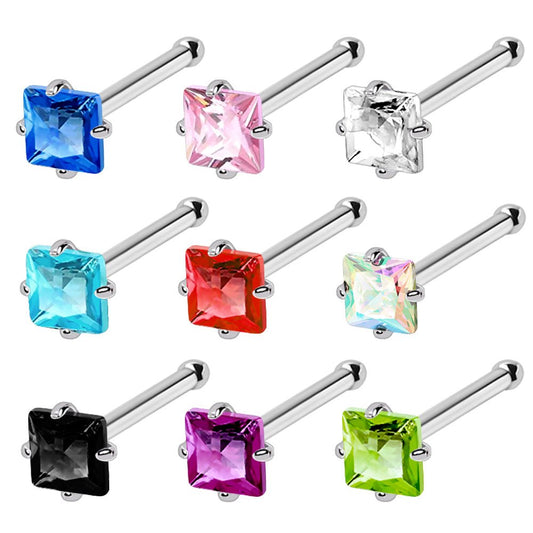 316L Stainless Steel Prong Set Square CZ Nose Stud - Skin Metals