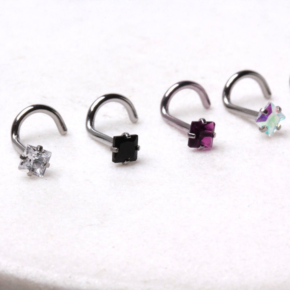 316L Stainless Steel Prong Set Square CZ Screw Nose Ring - Skin Metals