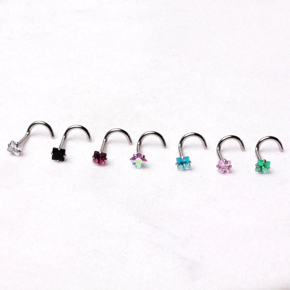 316L Stainless Steel Prong Set Square CZ Screw Nose Ring - Skin Metals