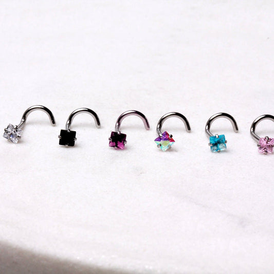 316L Stainless Steel Prong Set Square CZ Screw Nose Ring - Skin Metals