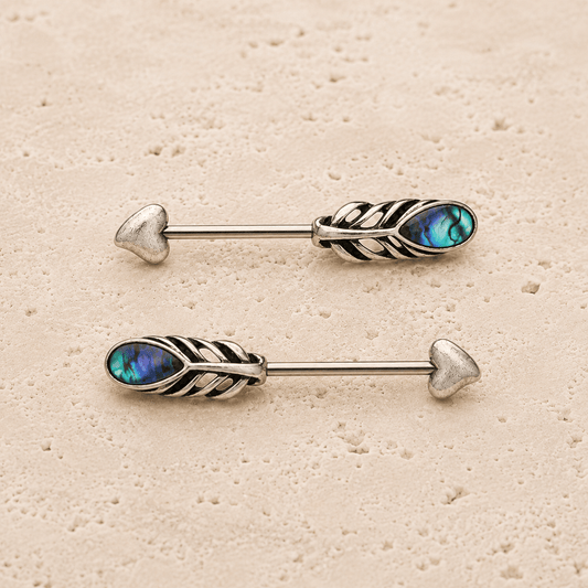 Stainless Steel Abalone Shell Feather Arrow Nipple Bar - Skin Metals