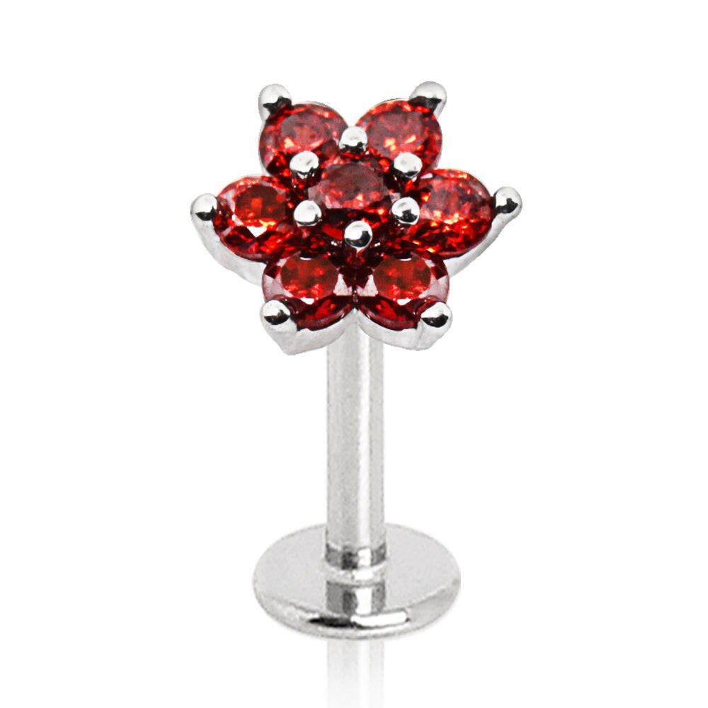 Stainless Steel Adorned Red Flower Labret Labret Impulse Piercings