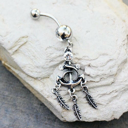 Stainless Steel Anchor and Feather Dangle Navel Ring