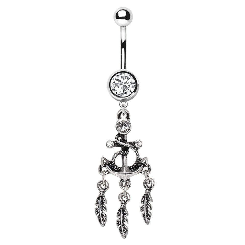 Stainless Steel Anchor and Feather Dangle Navel Ring