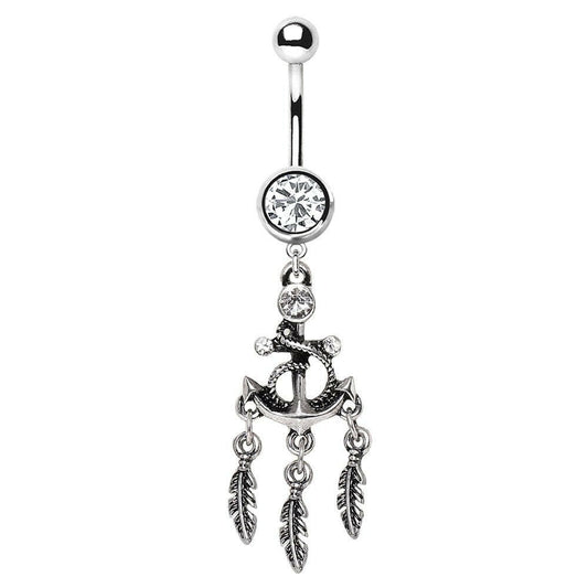 Stainless Steel Anchor and Feather Dangle Navel Ring