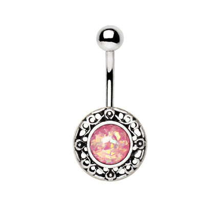 Stainless Steel Antique Navel Ring with Adorned Synthetic Opal