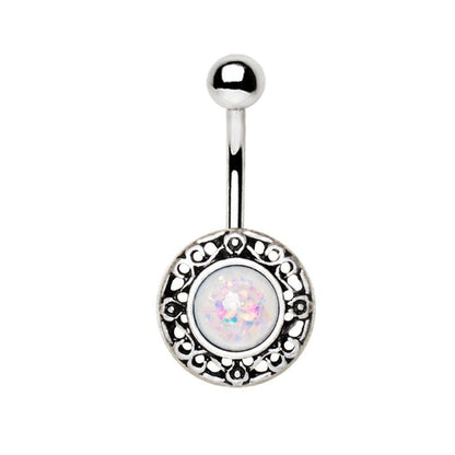 Stainless Steel Antique Navel Ring with Adorned Synthetic Opal
