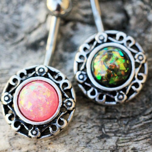 Stainless Steel Antique Navel Ring with Adorned Synthetic Opal
