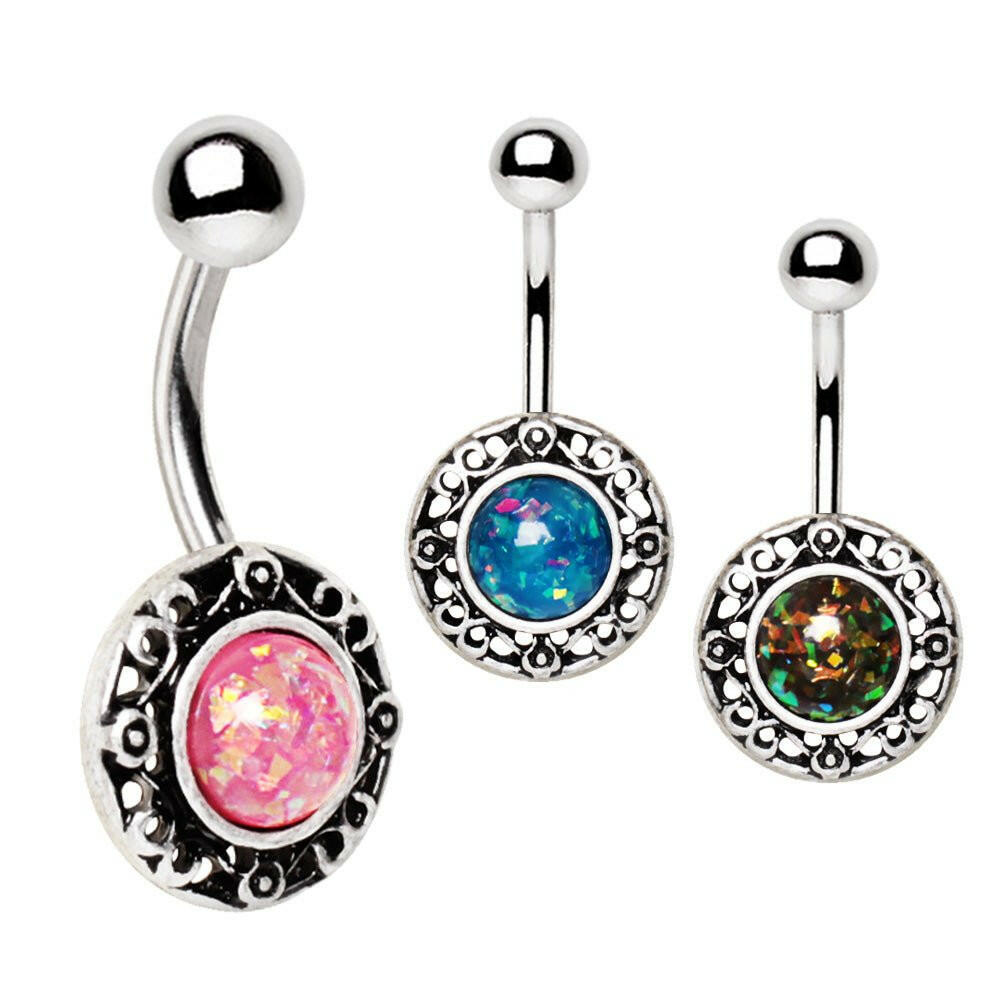 Stainless Steel Antique Navel Ring with Adorned Synthetic Opal