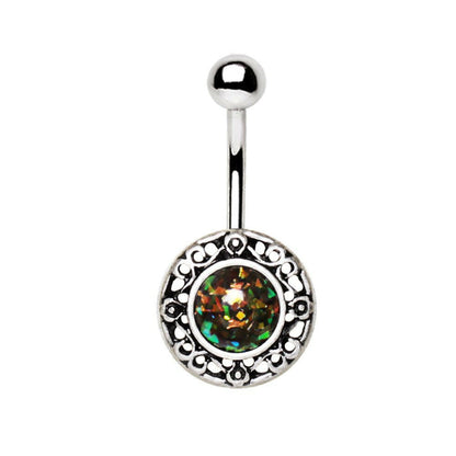 Stainless Steel Antique Navel Ring with Adorned Synthetic Opal