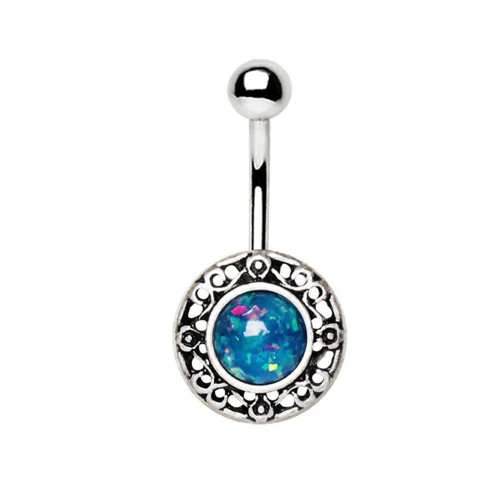 Stainless Steel Antique Navel Ring with Adorned Synthetic Opal
