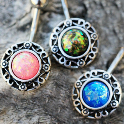 Stainless Steel Antique Navel Ring with Adorned Synthetic Opal