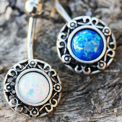 Stainless Steel Antique Navel Ring with Adorned Synthetic Opal