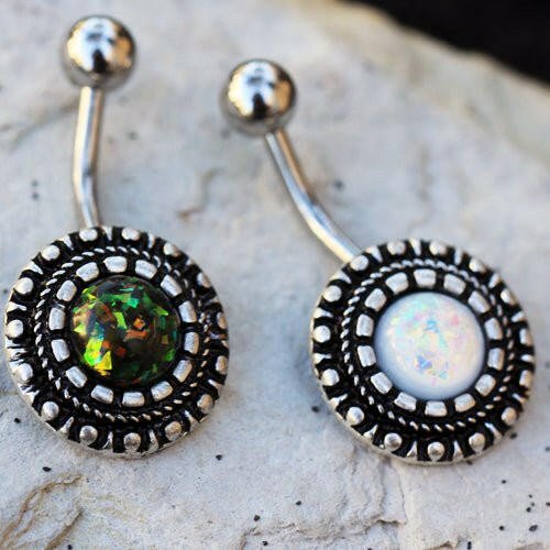 Stainless Steel Antique Ornate Navel Ring with Synthetic Opal