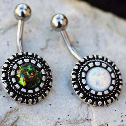 Stainless Steel Antique Ornate Navel Ring with Synthetic Opal