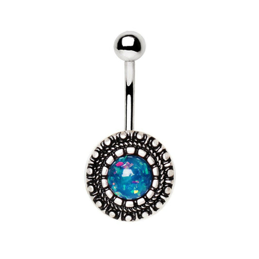 Stainless Steel Antique Ornate Navel Ring with Synthetic Opal