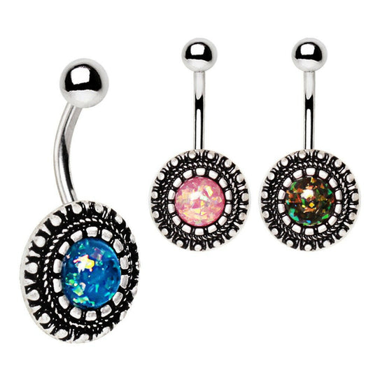Stainless Steel Antique Ornate Navel Ring with Synthetic Opal