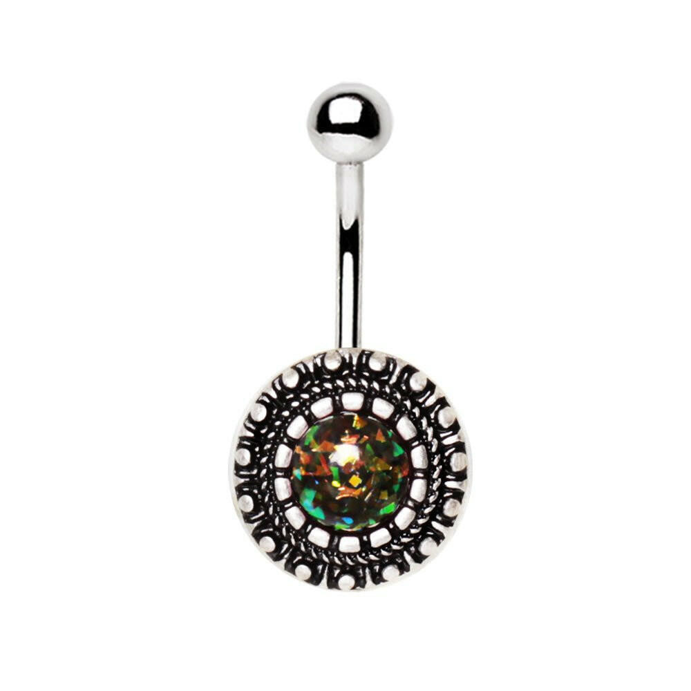 Stainless Steel Antique Ornate Navel Ring with Synthetic Opal