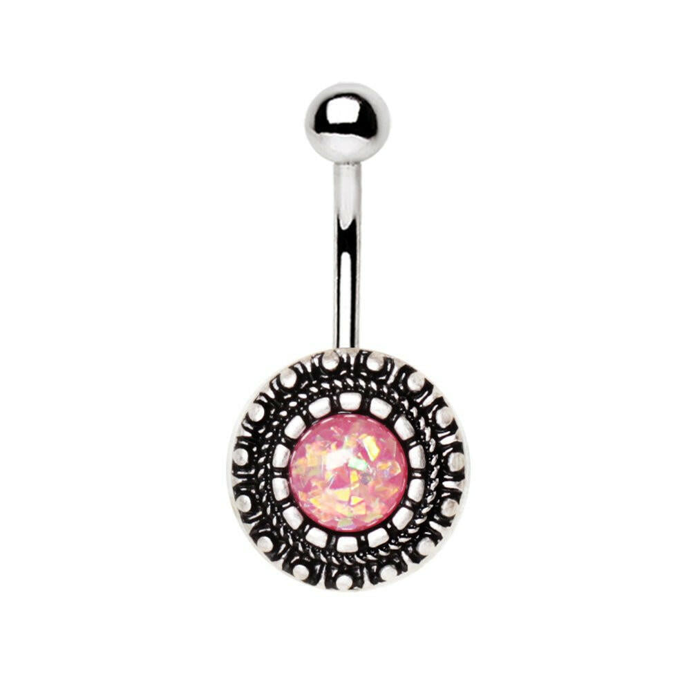 Stainless Steel Antique Ornate Navel Ring with Synthetic Opal
