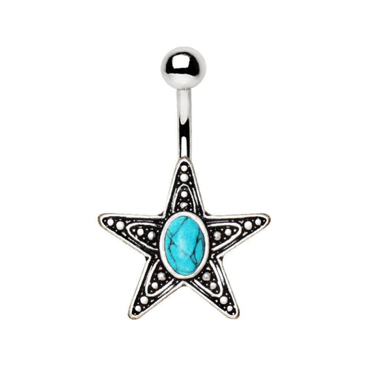 Stainless Steel Antique Star With Turquoise Stone Inlay Navel Ring Navel Ring Impulse Piercings