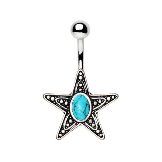 Stainless Steel Antique Star With Turquoise Stone Inlay Navel Ring Navel Ring Impulse Piercings
