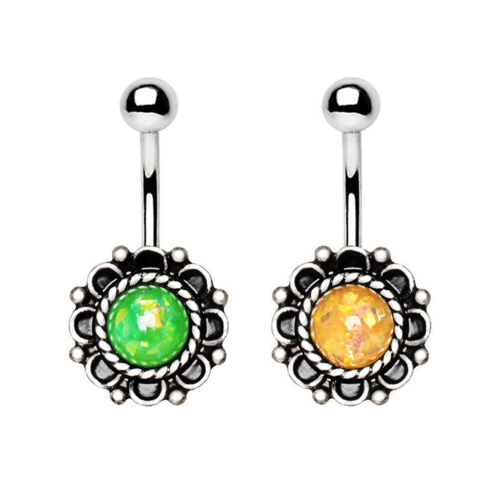 Stainless Steel Antique Synthetic Opal Floral Charm Navel Ring